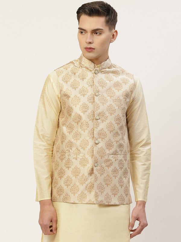 Jashvi Men's Cream Printed Nehru Jacket