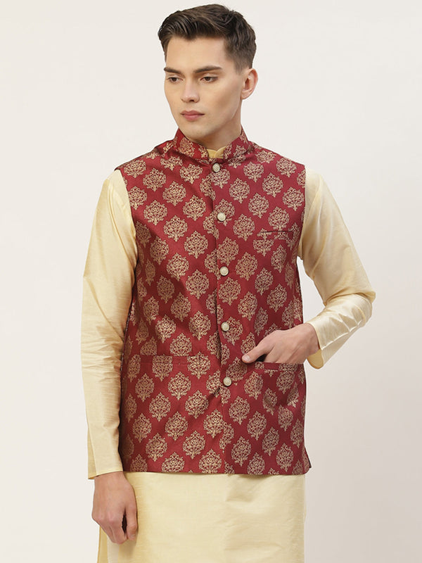 Jashvi Men's Maroon Printed Nehru Jacket