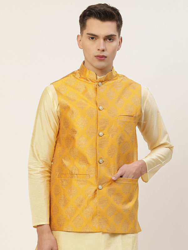 Jashvi Men's Mustard Printed Nehru Jacket