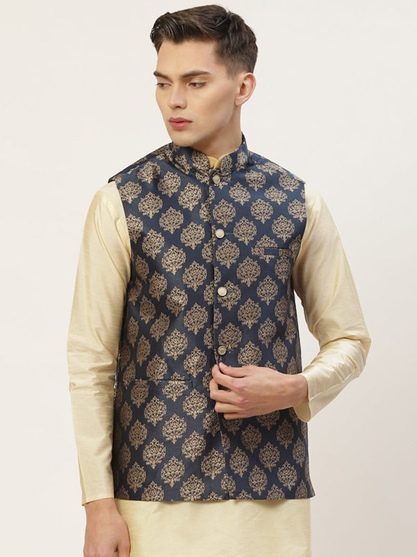 Jashvi Men's Navy Printed Nehru Jacket