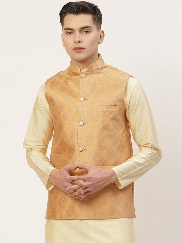 Men's Peach Printed Nehru Jacket ( JOWC 4032Peach ) - Virat Fashions