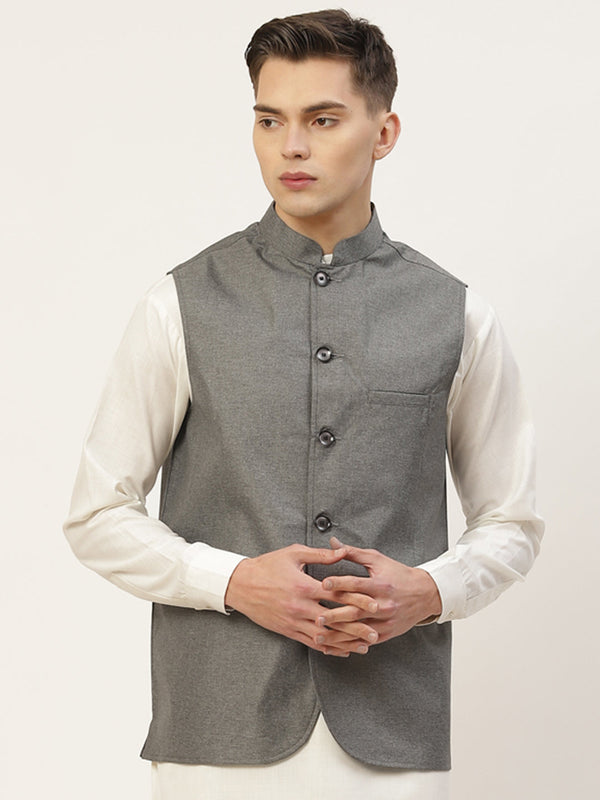 Jashvi Men's Charcoal Solid Nehru Jacket