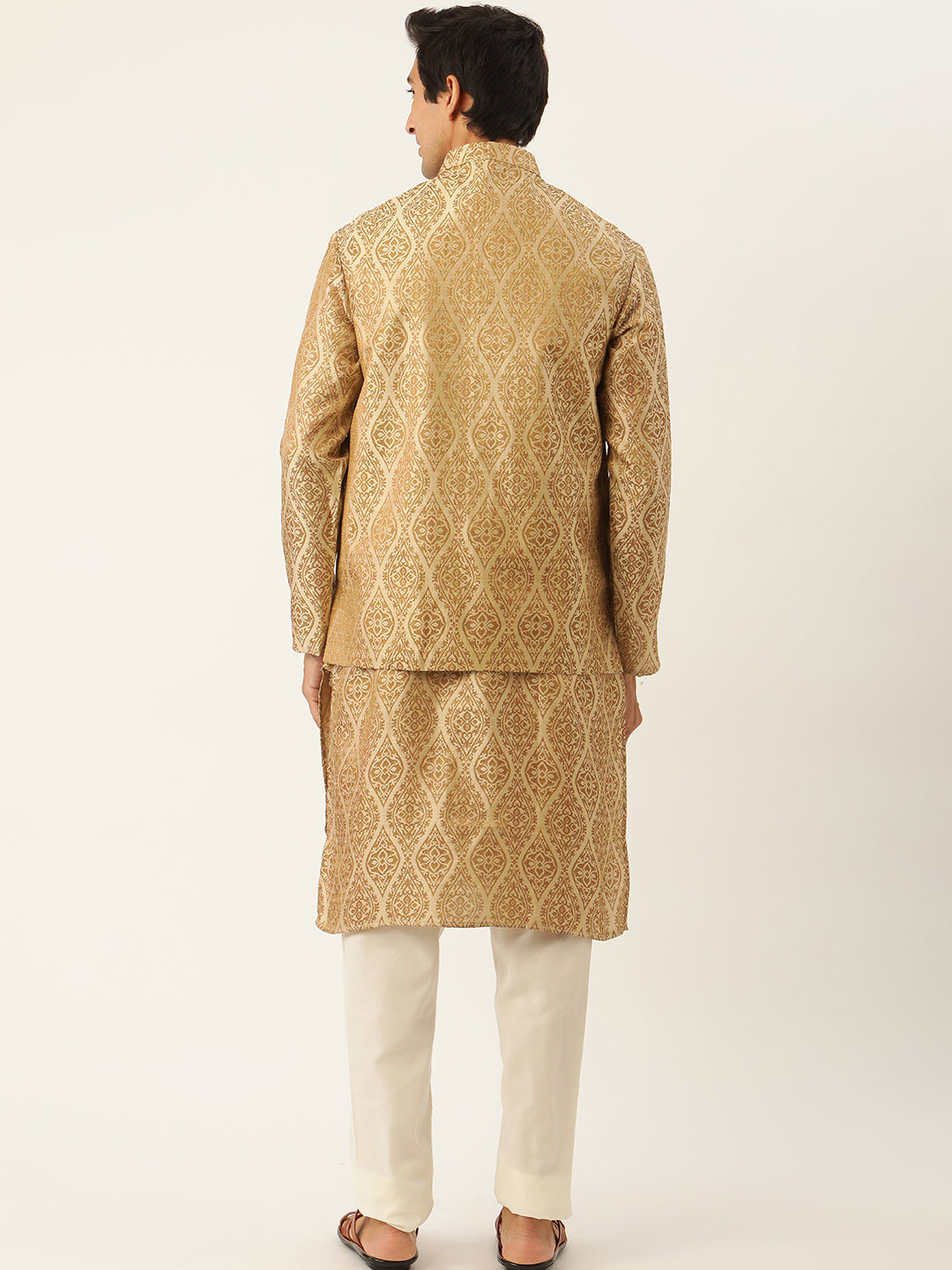 Sojanya Men's Jacquard Silk Beige Kurta & Nehrujacket With Off White Pyjama Combo - Sojanya