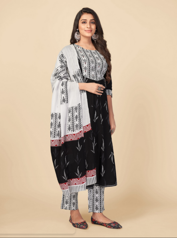 Women's Black Cotton Kurta With Pant & Dupatta By Vbuyz (3Pcs Set)