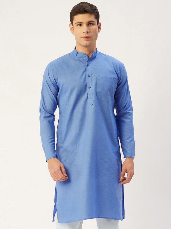 Men's Blue Cotton Solid Kurta Only ( KO 611 Blue ) - Virat Fashions