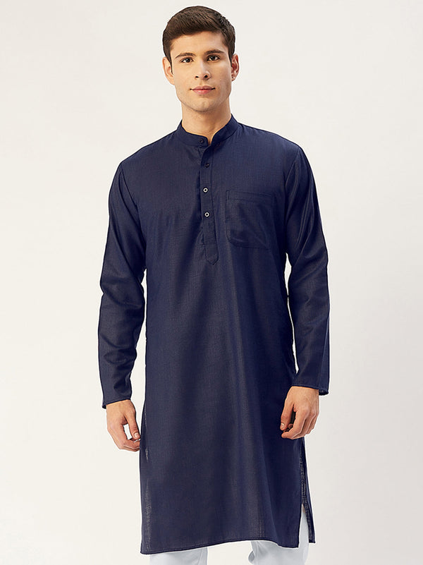 Men's Navy Cotton Solid Kurta Only ( KO 611 Navy ) - Virat Fashions