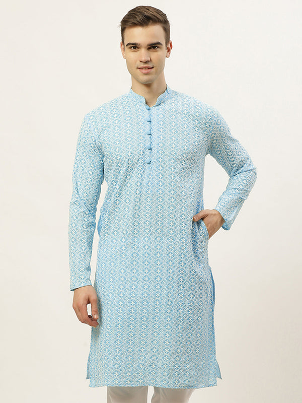 Men's Sky Embroidered Kurta Only ( KO 626 Sky ) - Virat Fashions