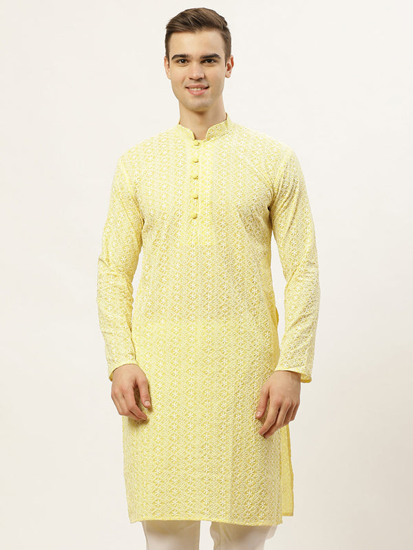 Men's Yellow Embroidered Kurta Only ( KO 626 Yellow ) - Virat Fashions