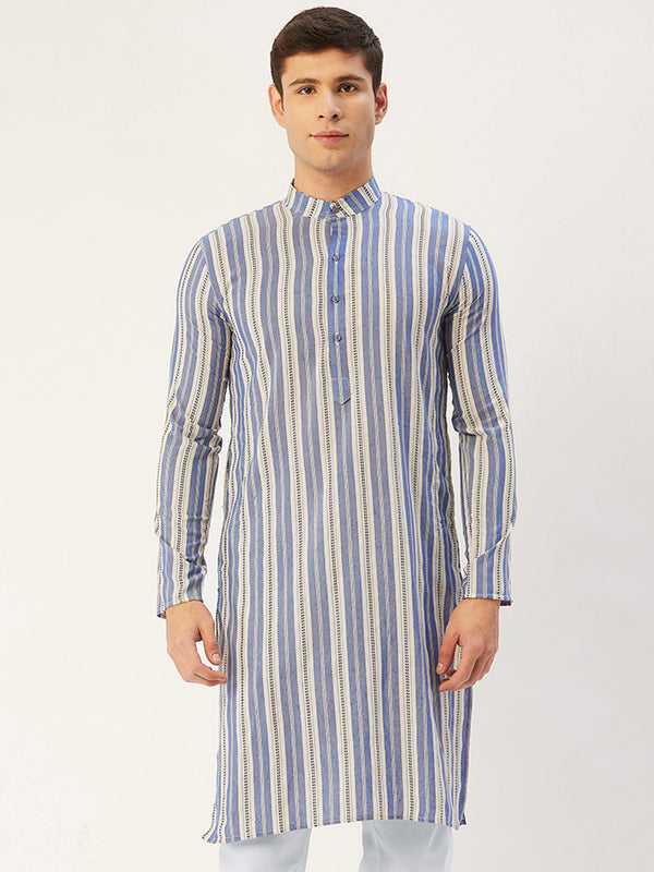 Men's Blue Cotton Striped Kurta Only ( KO 643 Blue ) - Virat Fashions