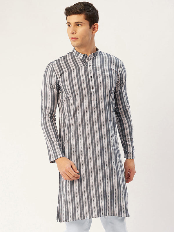 Men's Grey Cotton Striped Kurta Only ( KO 643 Grey ) - Virat Fashions