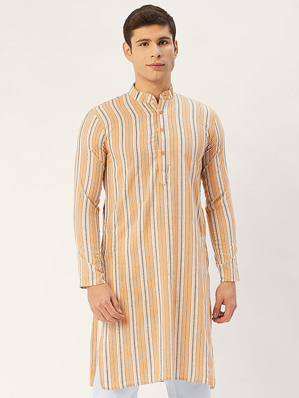 Men's Yellow Cotton Striped Kurta Only ( KO 643 Yellow ) - Virat Fashions