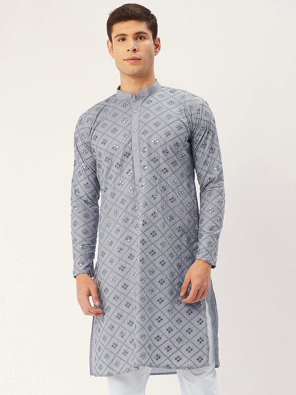 Men's Grey Embroidered Mirror Work Kurta Only ( KO 646 Grey ) - Virat Fashions