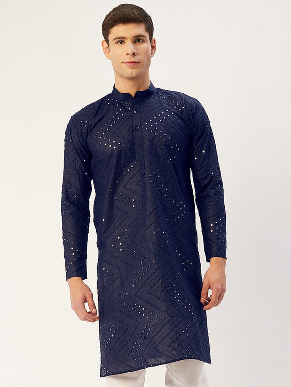 Men's Navy Embroidered Mirror Work Kurta Only ( KO 646 Navy ) - Virat Fashions