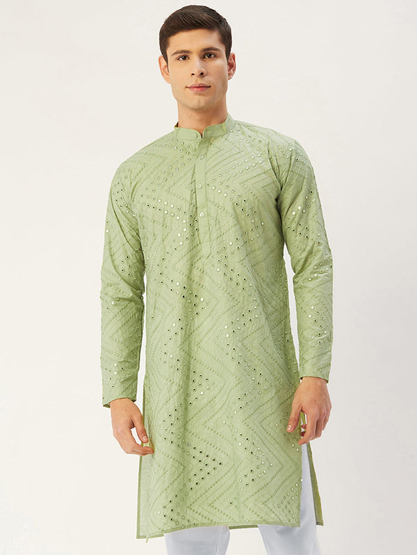 Men's Pista Embroidered Mirror Work Kurta Only ( KO 646 Pista ) - Virat Fashions