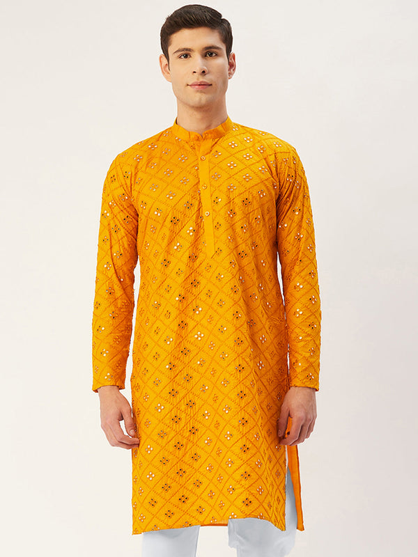 Men's Yellow Embroidered Mirror Work Kurta Only ( KO 646 Yellow ) - Virat Fashions