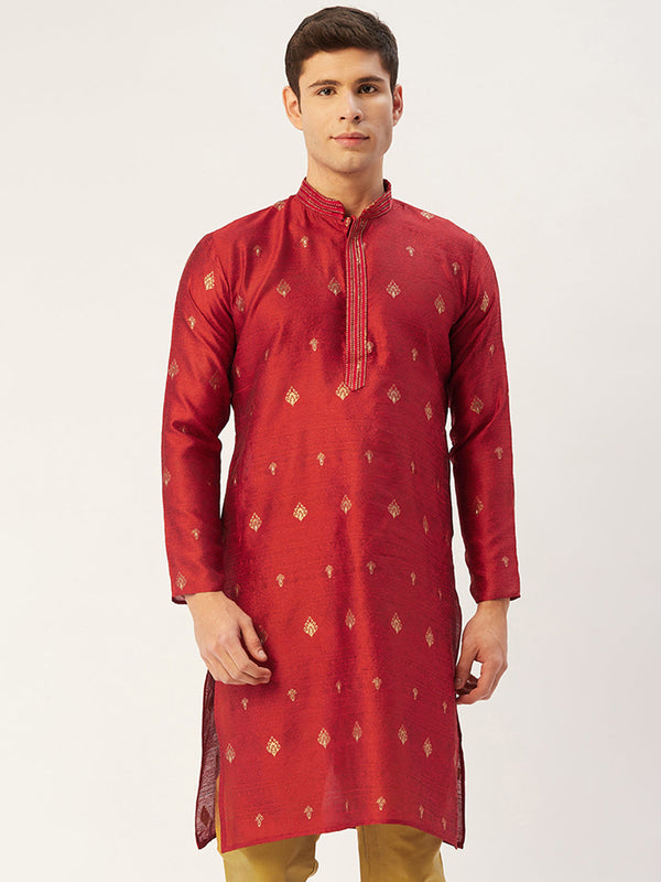 Men's Maroon Coller Embroidered Woven Design Kurta Only ( KO 649 Maroon ) - Virat Fashions