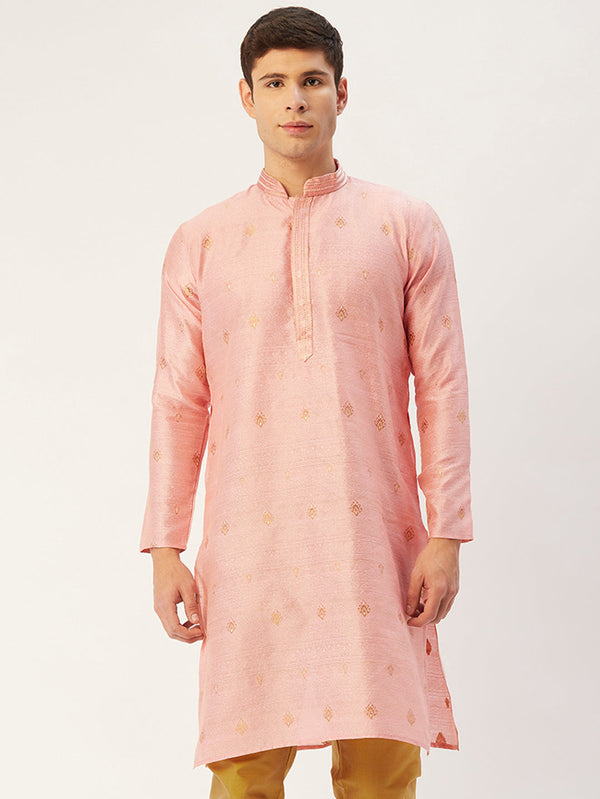 Men's Pink Coller Embroidered Woven Design Kurta Only ( KO 649 Pink ) - Virat Fashions