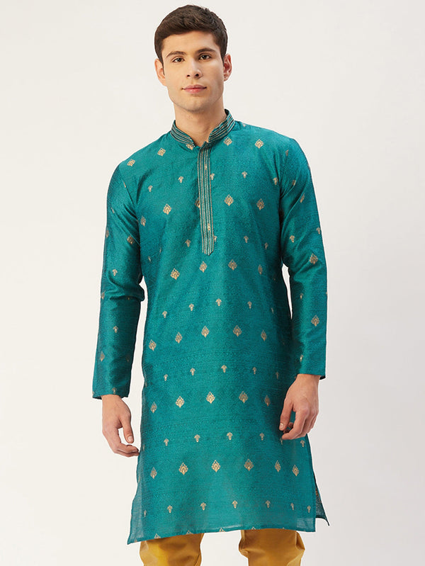 Men's Teal Coller Embroidered Woven Design Kurta Only ( KO 649 Teal ) - Virat Fashions