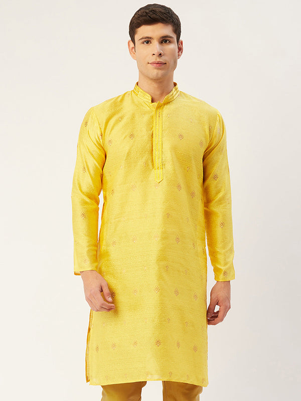 Men's Yellow Coller Embroidered Woven Design Kurta Only ( KO 649 Yellow ) - Virat Fashions