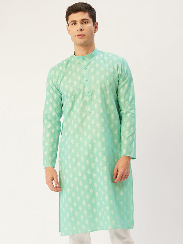 Men's Green Cotton Floral printed kurta Only( KO 650 Green ) - Virat Fashions