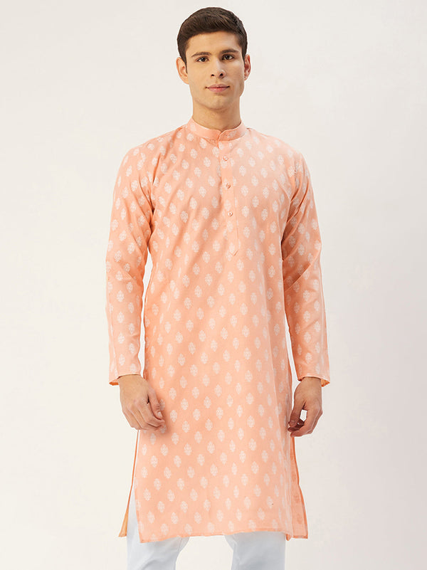 Men's Peach Cotton Floral printed kurta Only( KO 650 Peach ) - Virat Fashions