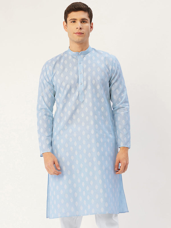 Men's Sky Cotton Floral printed kurta Only( KO 650 Sky ) - Virat Fashions