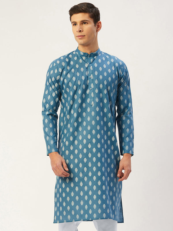 Men's Teal Cotton Floral printed kurta Only( KO 650 Teal ) - Virat Fashions