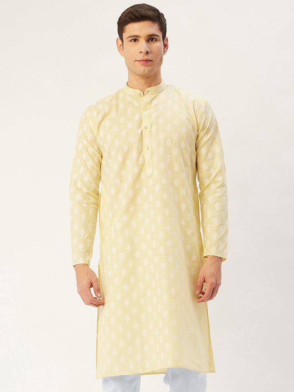 Men's Yellow Cotton Floral printed kurta Only( KO 650 Yellow ) - Virat Fashions