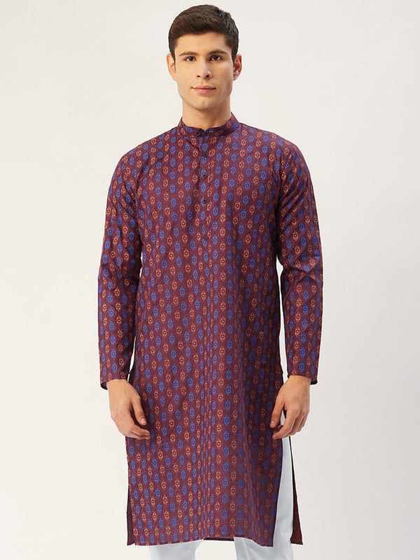 Men's Maroon Cotton Ikat printed kurta Only( KO 651 Maroon ) - Virat Fashions