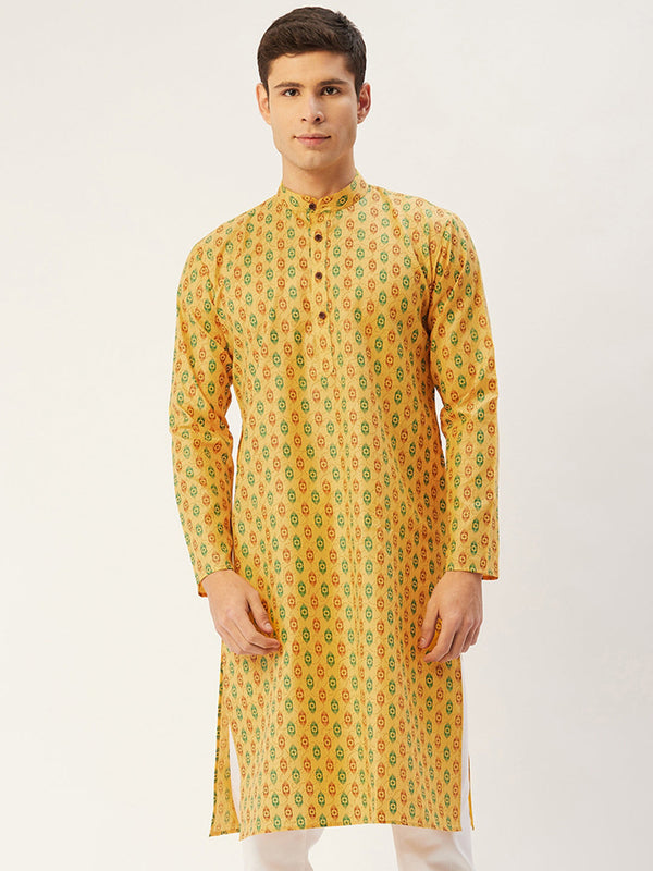 Men's Mustard Cotton Ikat printed kurta Only( KO 651 Mustard ) - Virat Fashions