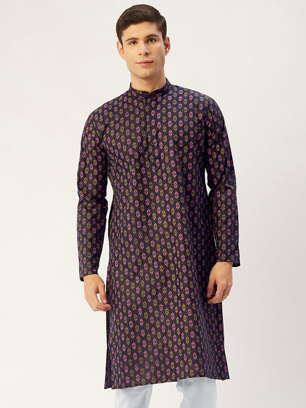 Men's Navy Cotton Ikat printed kurta Only( KO 651 Navy ) - Virat Fashions