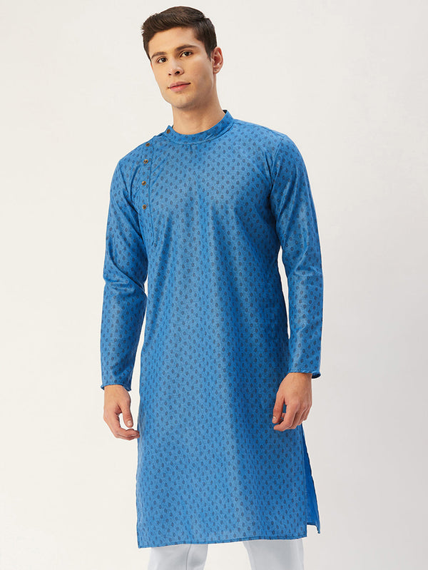 Men's Blue Cotton printed kurta Only( KO 652 Blue ) - Virat Fashions