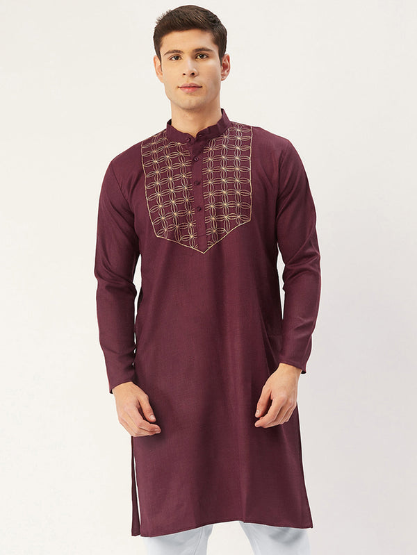 Men's Maroon Cotton Embroidered Kurta Only ( KO 654 Maroon ) - Virat Fashions