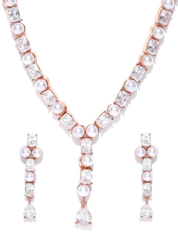 Women's  American Diamond Pearls Rose Gold Plated Jewellery Set - Priyaasi