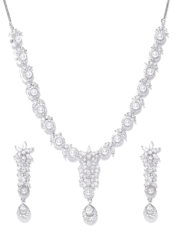 Women's  American Diamond Pearls Silver Plated Jewellery Set - Priyaasi