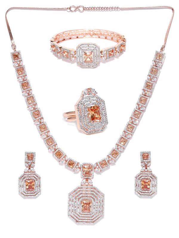 Women's  American Diamond Rose Gold Plated Jewellery Set With Bracelets & Ring - Priyaasi