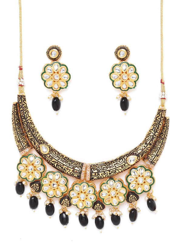 Women's  Black Beaded Kundan Gold Plated Floral Jewellery Set - Priyaasi