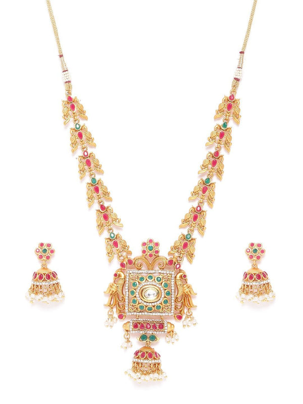 Women's Ruby Emerald Beads Stones Gold Plated Peacock Jewellery Set - Priyaasi