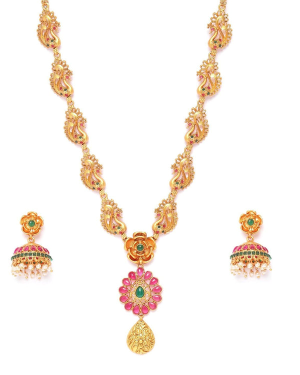 Women's Ruby Emerald Beads Gold Plated Peacock Floral Jewellery Set - Priyaasi