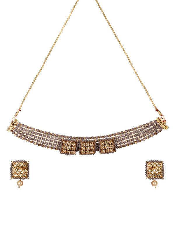 Women's Grey Beads Kundan Pearls Gold Plated Jewellery Set - Priyaasi