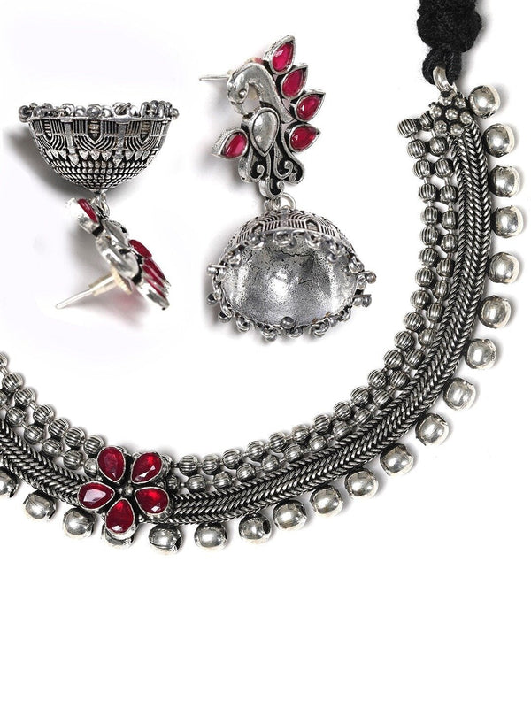 Women's Ruby German Silver Oxidised Peacock Jewellery Set & Ring - Priyaasi