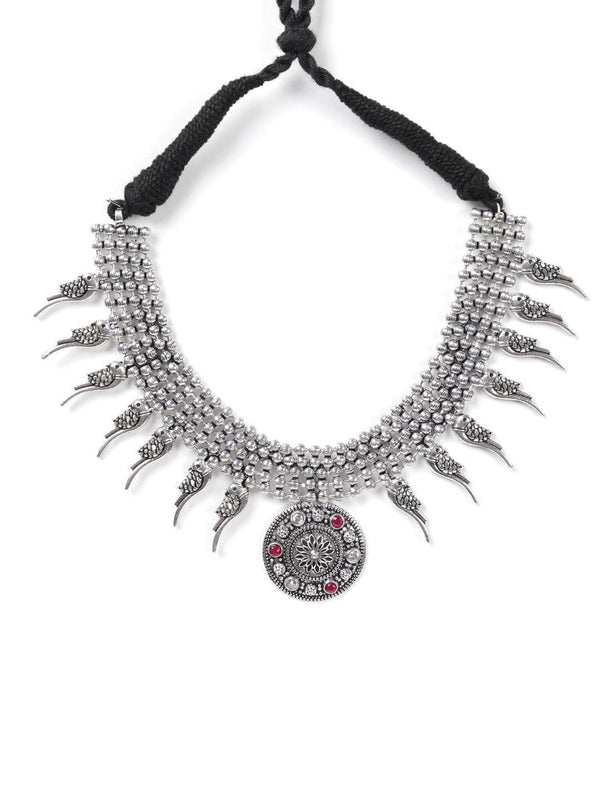 Women's Ruby German Silver Oxidised Jewellery Set - Priyaasi