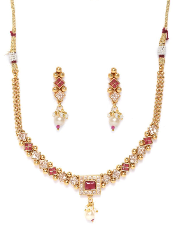 Women's Ruby Stones Pearls Beads Gold Plated Jewellery Set - Priyaasi