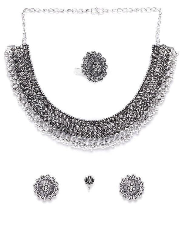 Women's German Silver Oxidised Ghungroo Jewellery Set With Ring & Nosepin - Priyaasi