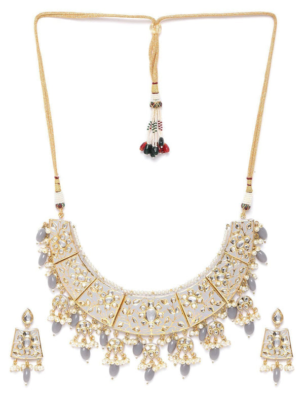 Women's Grey Pearls Beads Kundan Gold Plated Jewellery Sets - Priyaasi