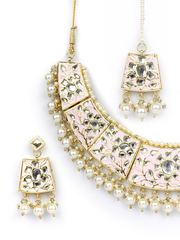 Women's Pink White Peals Beads MaangTika Jewellery Set - Priyaasi