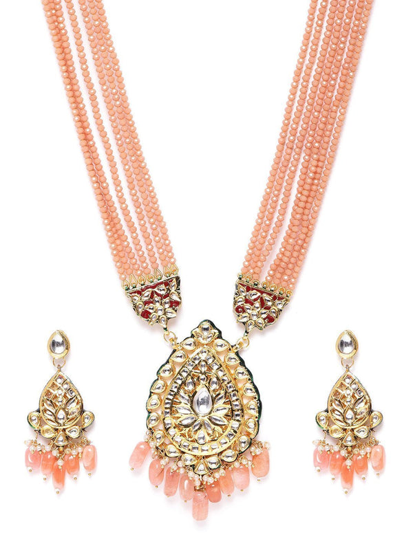 Women's Peach Beads Kundan Stones Ranihar Jewellery Set - Priyaasi