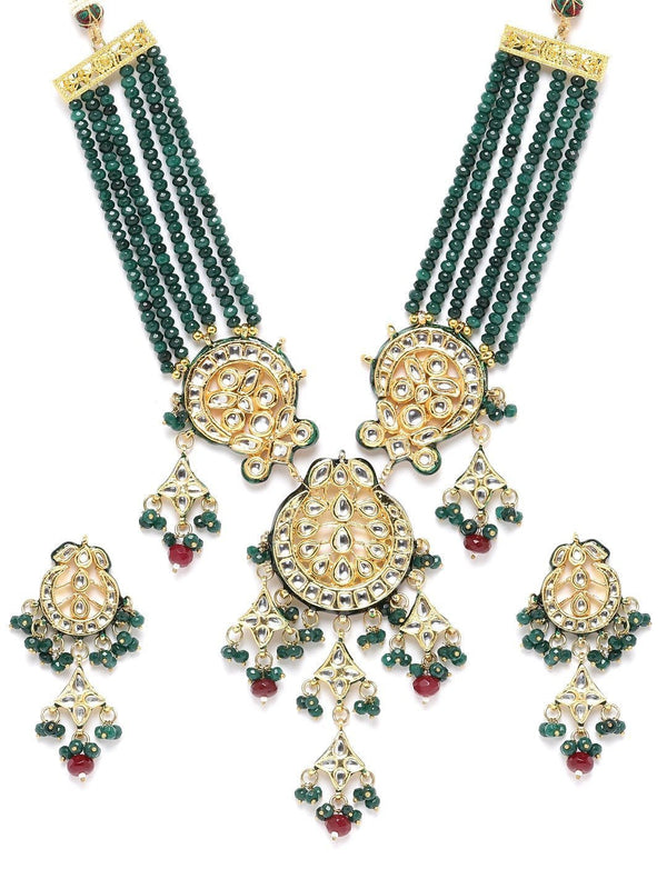 Women's Green & Red Beads Kundan Gold Plated Jewellery Set - Priyaasi