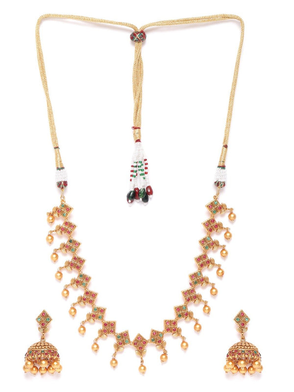 Women's Ruby Emerald Pearls Square Leaf Jewellery Set - Priyaasi