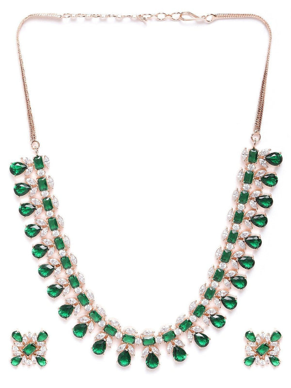 Women's Emerald American Diamond Rose Gold Plated Floral Jewellery Set - Priyaasi